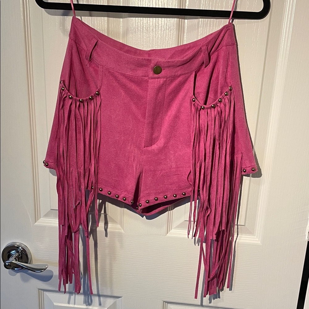Fuchsia Fringe Studded Shorts